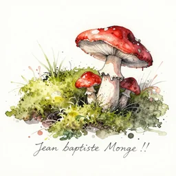 jean - baptiste monge water color on white paper watercolor sketch of moss and mushrooms hard edges, pencil lines, drips, runs, spatter, details. red chrome. jean - baptiste monge!!!!!