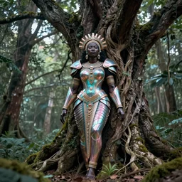 hyperrealistic post - maximalist cinematic super expressive! yoruba goddess with exoskeleton armor, merging with tree in a forest, highly detailed digital art masterpiece, smooth cam de leon eric zener dramatic pearlescent soft teal pink light, ground angle hd 8 k, sharp focus