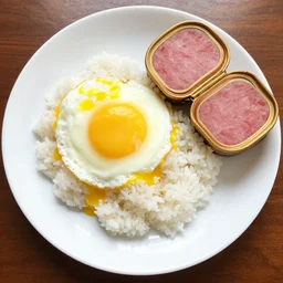 delicious plate of rice, eggs and spam