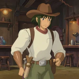screenshot from a Disney animated film from 1990 from Hayao Miyazaki's Spirited Away of a futuristic western cyborg in a seedy saloon.