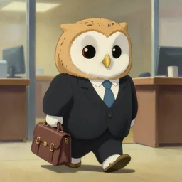 digital oil painting of a cute anthropomorphic barn owl in a black suit wearing an office bag going to the office, by Hayao Miyazaki