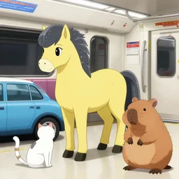 gray yellow pony, a cat, a car and a wombat at the anime convention in the subway
