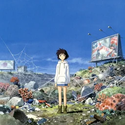 incredible anime movie scene, mamoru oshii, otomo, ultra wide, vanishing point, hoody woman explorer, watercolor, empty, spiderwebs, trash, coral reef, billboards, harsh bloom lighting, rim light, abandoned city, paper texture, caustic shadows, deserted shinjuku junk town, bright sun, fog, wires, telephone pole, pipes, yellow, red