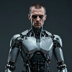 grainy photo of an ugly man, wearing bionic implants, cyborg criminal,