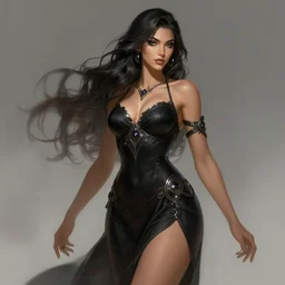 a highly detailed illustration of beautiful tan space goddess wearing black dress, dramatic seductive pose, intricate, elegant, highly detailed, centered, digital painting, artstation, concept art, smooth, sharp focus, league of legends concept art, wlop.
