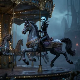 a dark fantasy  side view of an undead carousel horse, tim burton, world of warcraft, league of legends