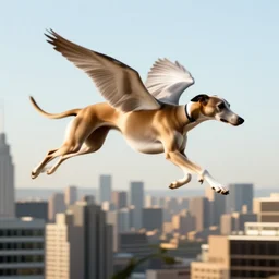 “ a greyhound with wings flying above a city skyline, he is a long boi ”