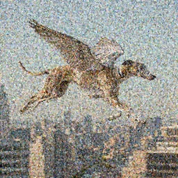 “ a greyhound with wings flying above a city skyline, he is a long boi ”