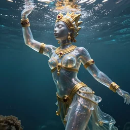hyperrealistic neo - classical cinematic half underwater scene very expressive! translucent elegant african goddess full body, gold jewerly, highly detailed face, digital art masterpiece, aykut aydogdu eric zener, dramatic volumetric light, long shot, low angle uhd 8 k, sharp focus