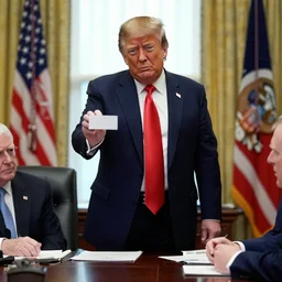Donald Trump entering meeting office of American Psycho, with a white card in his hand