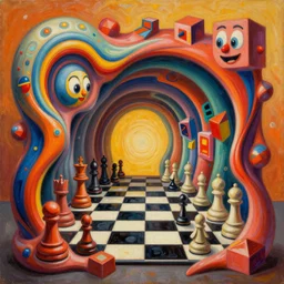 an extremely high quality hd surrealism warm painting of 4 d perspective neon complimentary - colors cartoon surrealism melting sculpture composition of zaha hadid biological anatomical chess illusion by a much more skilled version of kandinskypicasso and salvia dali the fourth, salvador dali's much much much much more talented painter cousin, 8 k, ultra realistic, chess, tunnels, cubes
