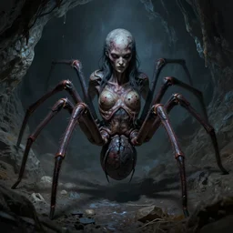 creepy matte painting of an armored female spider monster with eight spider legs in a dark cave, human torso coming out of the abdomen, ultra detailed, monster, half human half spider, human torso and head, human face, human arms, spider thorax, creature design, concept art, 8 k, moody lighting, muted colors, blue tone light, dramatic lighting, realistically proportioned face