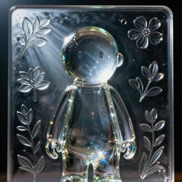 close up portrait of Mr. Vectorspace the shining glass figurine, in empty space, embossed panel with leaves and flowers, carefully crafted, refracting light, caustics, light rays beaming through, epic 8k, Zeiss 75mm
