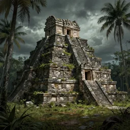 an overgrown and sunken aztec temple in the florida everglades, dark, creepy, in a historical illustration style, detailed
