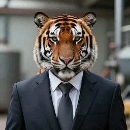 high quality portrait photo of an industrialist tiger dressed in a dark business suit, Anthropomorphic portrait, photography 4k, f1.8 bokeh, 4k, 85mm lens, sharp eyes