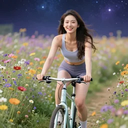 photorealistic happy beautiful android woman cycling through interstellar flowers field