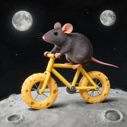 bike made of swiss cheese wheels, a cartoonish rat riding the bike on the surface of the moon and, digital painting, greg rutowski, artstation