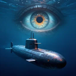 highly detailed a submarine that slowly disappears underwater while a huge eye looks at it from above, this eye looks like a monster and lights up, 4 k, photorealistic, unreal 5