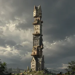 5 medieval houses stacked on each other, creating a thin monolith, concept art, very tall, trending on deviantart, movie still, award wining photograph
