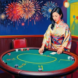 hyper - realistic composition of a room in a casino with an extremely detailed poker table, croupier in traditional japanese kimono standing nearby fireworks in the background, pop art style, jackie tsai style, andy warhol style, acrylic on canvas
