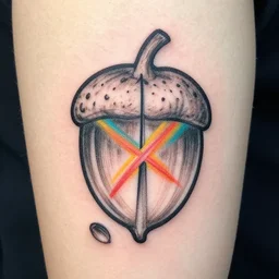 single line sketch for a tattoo, acorn that turns into a tree in shape of treble clef, dividing line up the middle like a scar, bursts of color when crossing scar, high fidelity