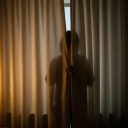 silhouette of someone hiding behind my bedroom curtains at night, dramatic lighting