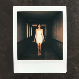 found polaroid photo of a girl floating in a dark hallway, possessed