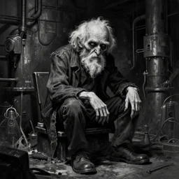 creepy mutated old man sitting in a dark factory environment, digital black and white painting by oleg vdovenko, chuvabak, maxim verehin, flash photography, trending on artstation, character painting, digital illustration