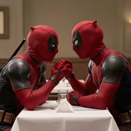film still of Deadpool and Spiderman having a romantic dinner in the new Spiderman movie, 4k