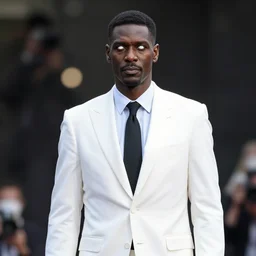 A long tall man with white eyes, black skin, and a white suit and tie, National Geographic photography, bokeh, 8K