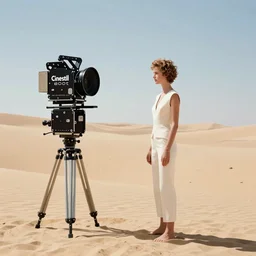 Cinestill 800t, 8K, 35mm; beautiful ultra realistic minimalistic syd mead in space(1950) film still desert scene, 2000s frontiers in retrofuturism fashion magazine September moebius edition, highly detailed, extreme closeup three-quarter scene, tilt shift LaGrange point orbit background, three point perspective, focus on model attack sub;sunflare;back to camera, soft lighting