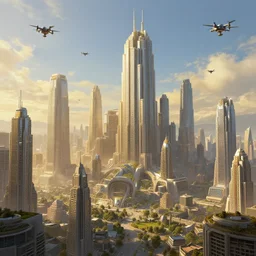 Technologically advanced alive megacity with giant buildings and drones flying across the golden blue sky, very detailed concept art, matte painting, digital art, concept art, realistic beautiful, trending on Artstation, Greg Rutkowski