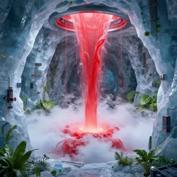 liquid nitrogen and red water-cooling coolant flowing through latent representations of ice caverns by centrifugal forces, vegetation!, computer circuitry sticking out the walls!!!!!, high detail, high contrast!, low-poly elements!!!, trending on artstation, octane render, subsurface scattering, 4k