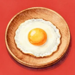 fried egg, soft yolk, wooden plate, kseniia yeromenko, rob duenas, watercolor, illustration, red background, highly detailed