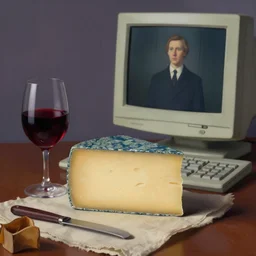 an achingly beautiful still life featuring tillamook cheese, and red wine and an old computer by Raphael, Hopper, and Rene Magritte. detailed, romantic, enchanting, trending on artstation.