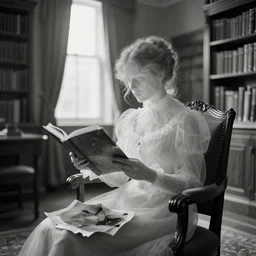 long shot, monochromatic photography of an eerie see - through vision resembling a victorian woman reading, in a chair in a well - lit library room, crumpled torn photograph with skidmarks, 2 4 mm, 8 k