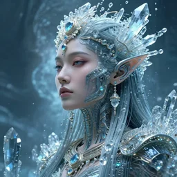 a highly lifelike and beautiful divine tribal high priestess and water with adornments of crystals wide hdr whole infinite capsule apparent with awe an idea seep's into infinity, face axonometric mechanical fantasy intricate elegant, in void of latent space, volumetric lighting h 5 1 2