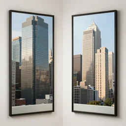 two large mirrors with a city standing in between them