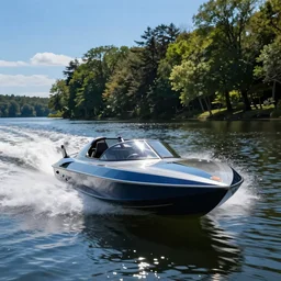 a ~ close up of a speedboat speeding in a lake, summer, blue skies trees, trending on art station, dynamic lighting, stark contrasts, detailed and intricate environment