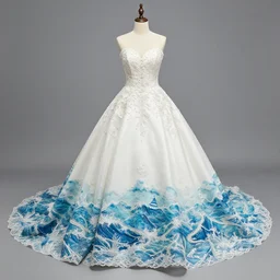 full view, a beautiful full detailed ocean inspired wedding dress, put on a mannequin