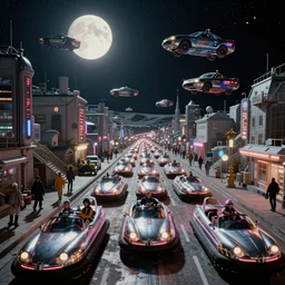 lots of cheap shiny hovercraft in a traffic jam in a Russian cyberpunk slum city called Neo Norilsk on the Moon, at night, diverse, lively, black sky full of stars, blinding sun, sci-fi, lots of flying cars, levitation, cyberpunk outfits, photorealistic, grainy, 35mm, intricate, very very beautiful, elegant, smooth, cinematic, Unreal Engine 5, by Beeple, trending on Artstation HD
