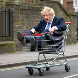 excited boris johnson sitting in a shopping cart rolling downhill a very steep inclined street xf iq 4, f / 1. 4, iso 2 0 0, 1 / 1 6 0 s, 8 k, raw, unedited, symmetrical balance, in - frame