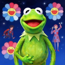 kermit the frog by takashi murakami,, beeple and james jean, aya takano color style, 4 k, super detailed, night sky, digital art, digital painting, celestial, majestic, colorful