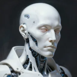 a white cast futuristic biomechanical humanoid old man with prety face, porcelain skin, futuristic digital painting, cyberpunk, 8 k,