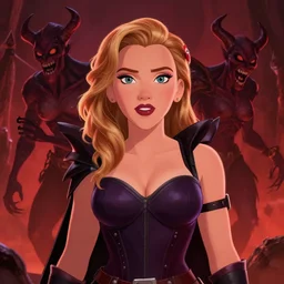 lofi portrait of scarlett johansson as the doom slayer, demons, hell, pixar style, by tristan eaton stanley artgerm and tom bagshaw.