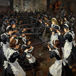 baroque oil painting of key visual environment concept art of anime maids firing bolt action rifles at enemy lines, brutalist, dark fantasy, rule of thirds golden ratio, fake detail, trending pixiv fanbox, acrylic palette knife, style of makoto shinkai studio ghibli genshin impact jamie wyeth james gilleard greg rutkowski chiho aoshima