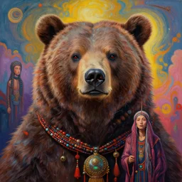 hyper - maximalist overdetailed painting of a bear - shaman by hannah yata caitlin hacket in the style of cameron gray and alex grey. artstation. deviantart. cgsociety. surrealism infused lowbrow style. visionary psychedelic fineart. hyperdetailed high resolution render by binx. ly in discodiffusion..