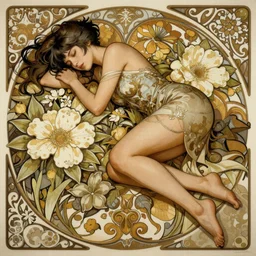 a woman sleeping in the middle of flowers, confident pose, pixie, genshin impact, intricate, elegant, sharp focus, illustration, highly detailed, concept art, matte, trending on artstation, lisa frank, alfons mucha, art by wlop and artgerm and greg rutkowski, ilya kuvshinov, strong strokes