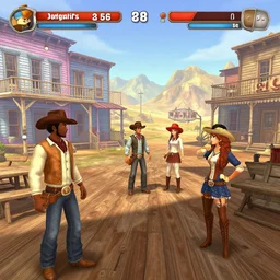 screenshot of gameplay dating simulator game set in 1 8 5 6, interior of old west saloon, featuring african american and japanese cowboys and cowgirls in ghost town with buildings painted bright pastel colors, morning light with mountains in the background