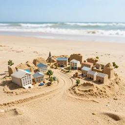 miniature neighborhood made out of sand on the beach